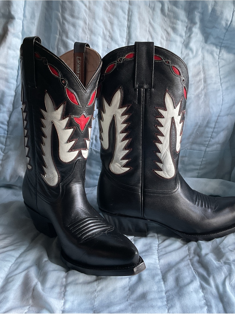 Rancho Loco Leather Black Western Boots,Red & White Accent 10.5x3.5inches  8 Men - Picture 3 of 7